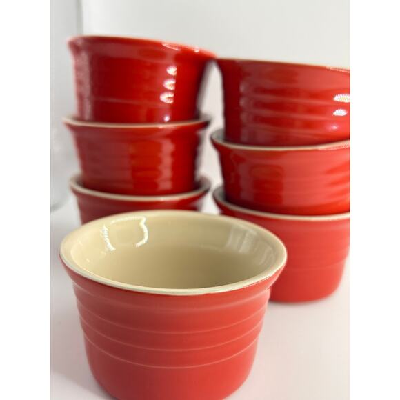 Le Creuset Red Stoneware Ramekins Set of 7 Custard/Single‑Serve Bakers - Picture 1 of 6